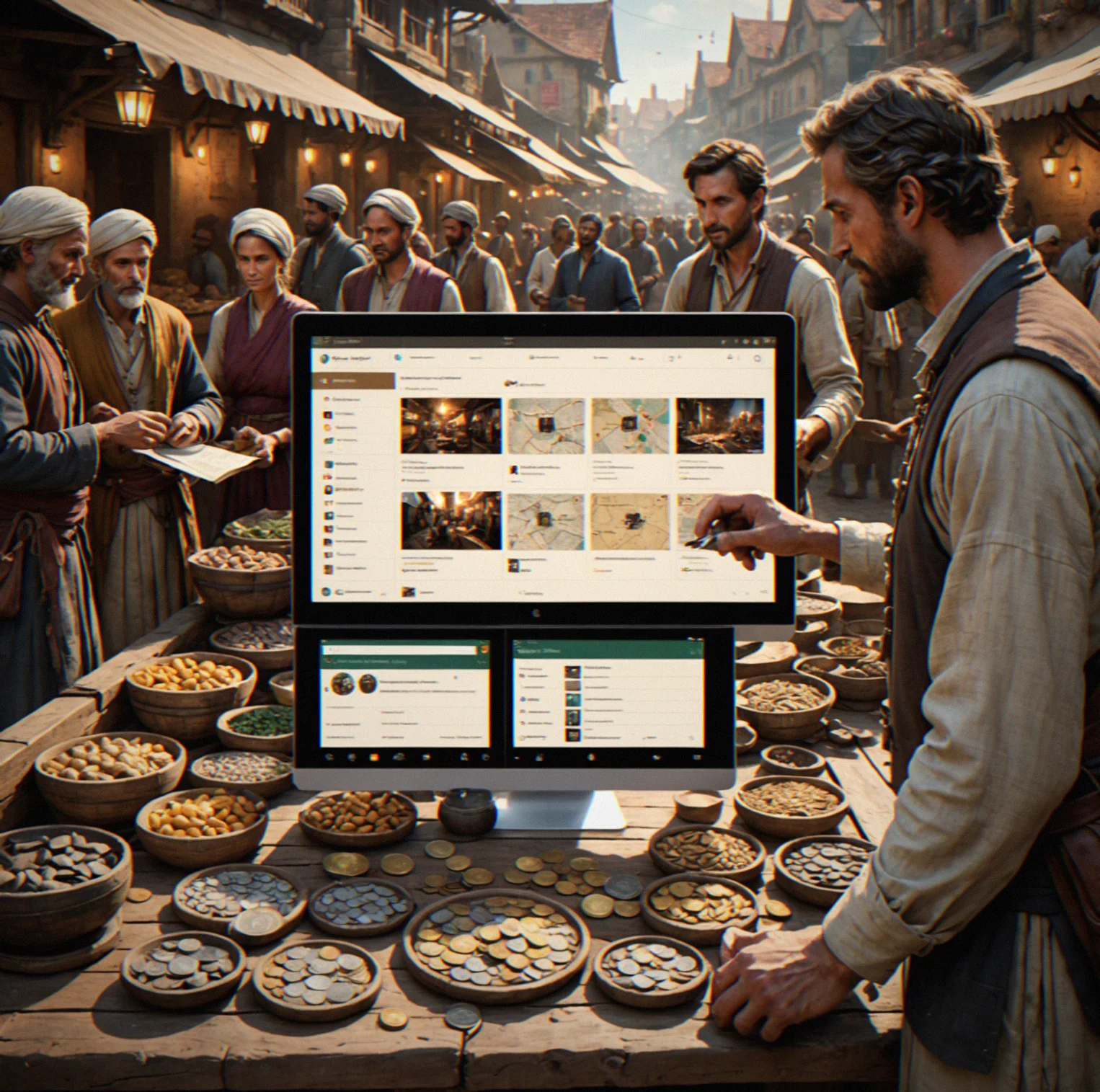 Merchant dialogue interface showing relationship history and reputation scores