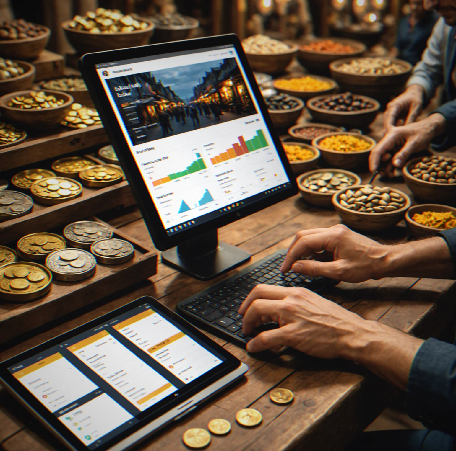 The trading interface showing market data from multiple regions, your current inventory and price trends across your merchant routes